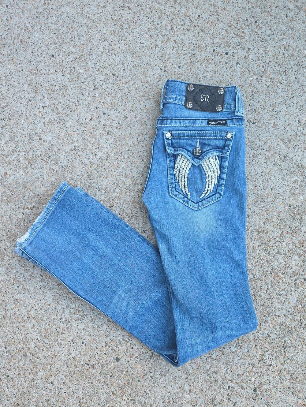 Y2K Miss Me Low Rise Bootcut Rhinestone Angel Wing Denim Jeans Size 26